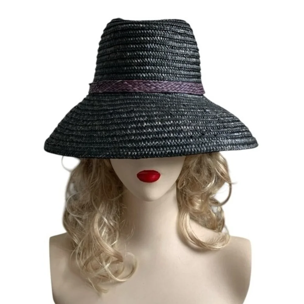 Vintage Black Purple Bow Wide Brim Sun Hat Woven Pleated Straw Beach Hat VG